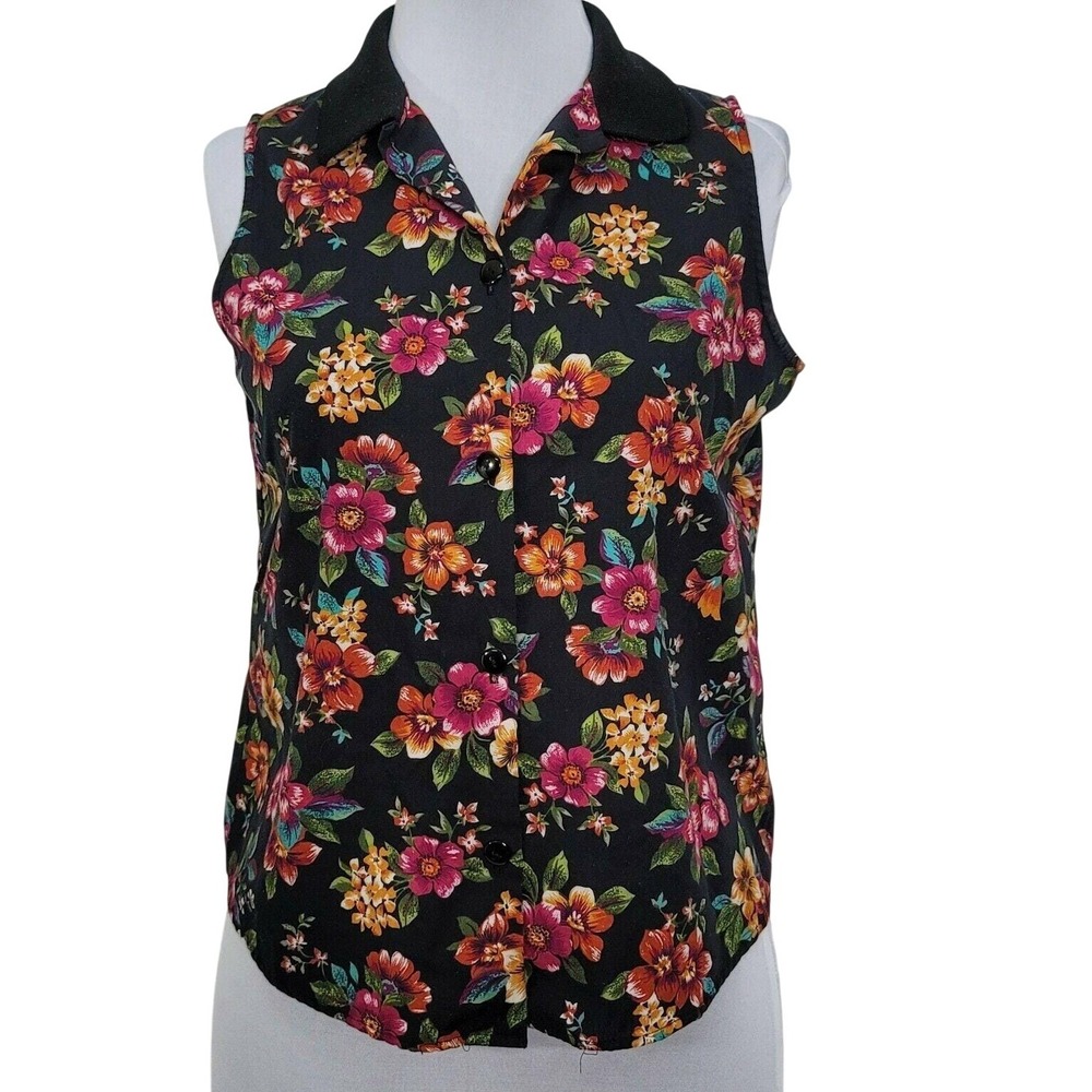 Cristin Stevens Vintage 90s Dark Floral Sleeveless Button Up Top Black Pink‎ M